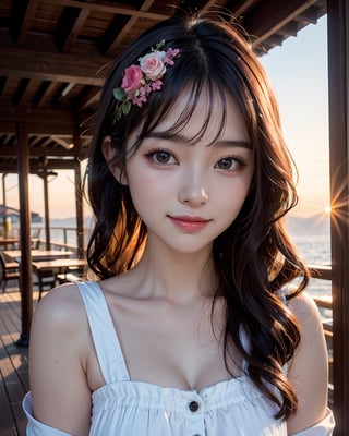 1girl, busty, high res, portrait, small round face, busty, bright smile, Korean hot model, 25yo, pale skin, black wavy hair, sunset, sunset scenery, wearing a french maid costume, cutefirlmix, ,Asian, 8k, medium quality, masterpiece, sharp focus, face focus, 