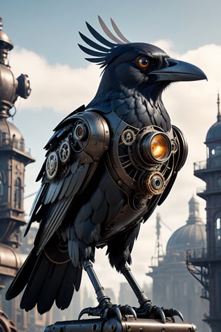 A striking cinematic 3D render of a futuristic raven-inspired cyborg in a steampunk world. The mechanical bird stands tall on two legs, adorned with gears and intricate metalwork. Its wings are replaced with industrial blades, and its head has a sleek, eye-like camera for a face. The background shows an urban landscape with Victorian-style buildings, steam-powered vehicles, and flickering gas lamps, creating a dystopian atmosphere.