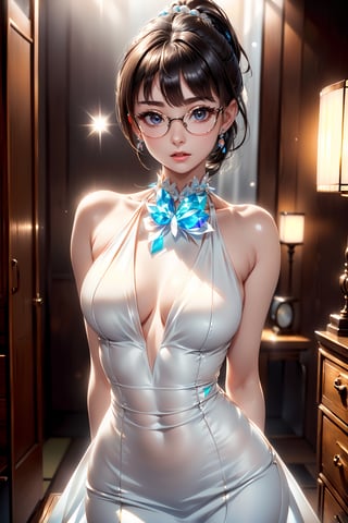 (1glasses girl:1.3, solo), (Audrey Hepburn:1.3), (a extremely pretty and beautiful Japanese woman), (sexy girl), (professional attire:1.3), (22 years old: 1.1), (arms behind back between legs:1.3), (attractive random posing:1.3), (in the queen's room:1.3), (looking straight at you:1.3), (starring at you:1.3), (front view:1.3), break, ( ponytail:1.3), (shiny-black thin hair:1.2), bangs, dark brown eyes, beautiful eyes, princess eyes, (big eyes:1.3), bangs, wearing a glasses:1.3, Hair between eyes, short hair:1.3 , (slender:1.1), (small-medium-breasts:0.95), (thin waist: 1.15), (detailed beautiful girl: 1.4), Parted lips, Red lips, full-make-up face, (shiny skin), ((Perfect Female Body)), (upper body image:1.3), Perfect Anatomy, Perfect Proportions, (most beautiful Korean actress face:1.3, extremely cute and beautiful Japanese actress face:1.3), BREAK, (View viewer, wearing a embroidery frills sexy princess uniform, (insanely detailed elegant outfit:1.3), (halter-neck princess dress:1.3), (halter-neck dress:1.3), (white dress:1.3), detailed clothes, BREAK, (detailed classy queen's room background:1.2), (dark background), (Studio soft lighting: 1.3), (fake lights: 1.3), (backlight: 1.3), BREAK, (Realistic, Photorealistic : 1.37), (Masterpiece, Best Quality: 1.2), (Ultra High Resolution: 1.2), (RAW Photo: 1.2), (Sharp Focus: 1.3), (Face Focus: 1.2), (Ultra Detailed CG Unified 8k Wallpaper: 1.2), (Beautiful Skin: 1.2), (pale Skin: 1.3), (Hyper Sharp Focus: 1.5), (Ultra Sharp Focus: 1.5), (Beautiful pretty face: 1.3), (super detailed background, detail background: 1.3 ), Ultra Realistic Photo, Hyper Sharp Image, Hyper Detail Image,