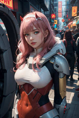 1girl, solo, pink hair, breasts, looking at viewer, wavy hair, curly hair, messh hair, dameged hair, busty,  brown eyes, cyborg girl, upper body, parted lips,cyborg armor, mechanical joints, mechanical armor,  blurry, lips, SF, sci fi, fantasy, cyber punk, android, dynamic, standng with arms behind back, cyber cafe, concierge, neon light, 02 bodyarmor, cczero2, long hair, horns, hairband, white bodysuit, pilot suit, gloves
