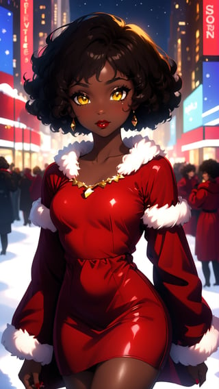 anitoon style, solo, dark skin, 1girl, yellow eyes, jewelry, black hair, short hair, dark-skinned female, makeup, lipstick, looking at viewer, curly hair, bare_top_velvet dress, santa costume, fluffy fur dress, red dress, Times Square Garden, Night, Christmas, 