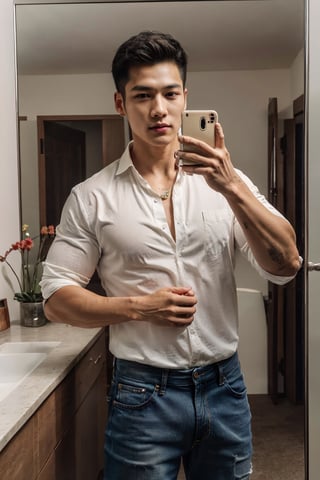 (masterpiece, top quality, best quality, official art, hdr, high contrast, ultra high res), light brown hair, whort pulled back hair, looking at viewer, 1man, solo, a muscular Korean boy, 20yo, tall, great muscular , broad shoulders, biceps, white collared shirt, open shirt, jeans, tan skin, K-pop idol face, handsome, selfie, mirror, 