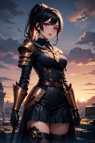 1woman, knight, ponytail, black hair, red eyes, armor, sailor school uniform, sea, sunset, steampunk style, 1girl, steampunk atmosphere, antique, mechanical, brass and copper tones, gears, 1 girl, dark fantasy, dark night, castle, tombstone