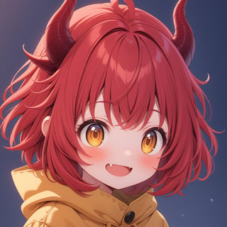 cute dragon girl, cute dragon girl, 18yo, red hair, shiny crimson red hair, short hair, bangs, dragon horns, upper body, weaing a yellow raincoat, bright smile, fang, ,,1dragon girl,,,anya forger,<lora:659095807385103906:1.0>