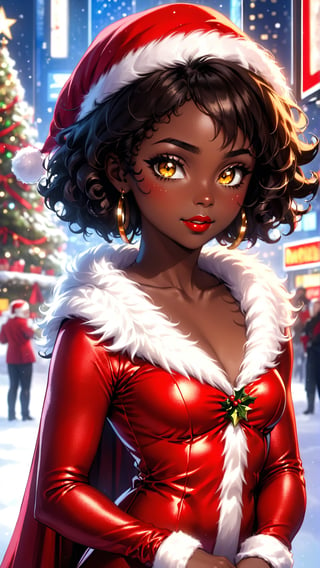 anitoon style, solo, dark skin, 1girl, yellow eyes, jewelry, black hair, short hair, dark-skinned female, makeup, lipstick, looking at viewer, curly hair, bare_top_velvet dress, santa costume, ring earing, gold neckless, gold buncles, fluffy fur dress, red dress, sleeveless, highneck, Times Square Garden, Night, Christmas, ,ral-chrcrts,christmas