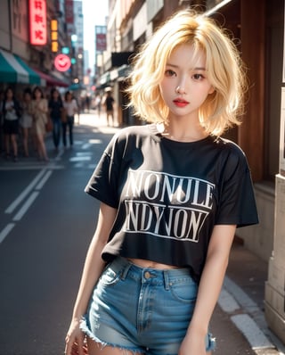 (film noir:1.3),(gal),(bitch). 1girl, solo, a stunning beautiful Asian girl with angry, light blonde hair, short hair, ruined, wearing punk T shirt and shorts, looking at camera, 8k, high res, middle quality, ,dreamgirl, film grain:0.6,Realism