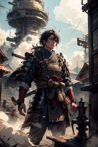 Imagine a world where the honor of ancient samurai converges with the technological wonders of steampunk brilliance. In this evocative realm, amidst towering pagodas adorned with brass fittings and bustling marketplaces filled with the hiss of steam, emerges a formidable figure: a samurai. Envision him clad in a blend of traditional armor and steampunk accouterments, with ornate kabuto helmets featuring intricate gears and steam vents. His katana, sheathed in a holster adorned with mechanical embellishments, gleams with the promise of swift justice. With a stoic expression etched upon his face, he embodies the code of bushido, his every movement a testament to discipline and mastery. Behind him, the cityscape sprawls with towering factories belching steam into the sky, symbolizing the harmonious coexistence of tradition and progress in this captivating world.,STEAM PUNK