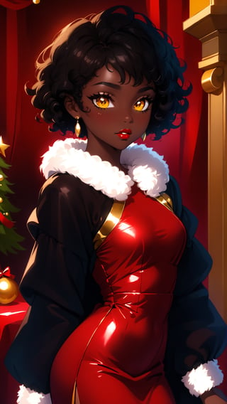 anitoon style, solo, dark skin, 1girl, yellow eyes, jewelry, black hair, short hair, dark-skinned female, makeup, lipstick, looking at viewer, curly hair, bare_top_velvet dress, santa costume, fluffy fur dress, red dress, 