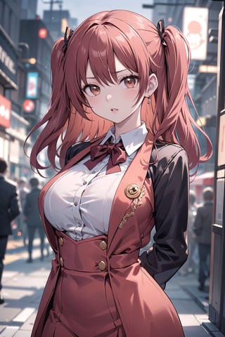 (masterpiece, top quality, best quality, official art, beautiful and aesthetic:1.2), hdr, high contrast, 1girl, solo, orange hair, two side up hair, looking at viewer, brown eyes, anime waifu, upper body, parted lips, busty, blurry, lips, film noir, fantasy, dynamic, standng with arms behind back, noir, mafia, yakuza, ((red formal suit onepiece)),(red theme:1.4), finger detailed, background detailed, ambient lighting, extreme detailed, cinematic shot, realistic ilustration, (soothing tones:1.3), (hyperdetailed:1.2), 