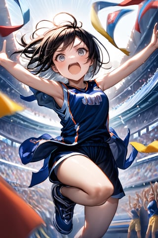 A captivating photo of a female basketball player at the peak of her jump, her arm extended toward the hoop with a focused expression. Her teammates cheer her on from the sidelines, while opponents watch with bated breath. The stadium is filled with a sea of cheering fans, waving banners and flags, creating an electrifying and energetic atmosphere.