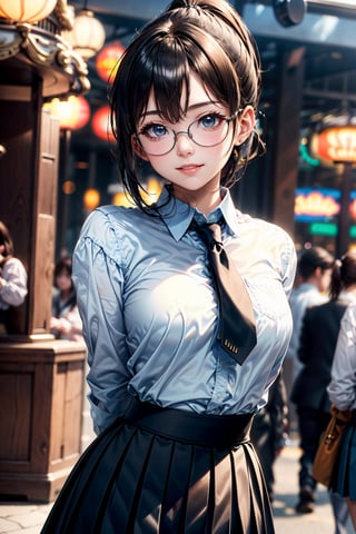 high resolution, Photo of a beautiful woman detailed_face,
young handsome girl,realistic:0.5, perfect skin, (wearing a glasses:1.5), (ultra-detailed background, detailed background), bokeh, make happy expressions, happy emotion, gorgeous,pure, beautyfull detailed face and eyes,breasts,
(black eyes:1.1), (a extremely pretty and beautiful Japanese woman), (sexy girl), (professional attire:1.3), (22 years old: 1.1), 
(arms down:1.3),  
BREAK
breasts, (school girl outfit:1.2), (blue blazer:1.2), (white collared shirt:1.2), (blue tie:1.2), (blue pleats skirt:1.2), (sneakers:1.2), beautiful detailed skin, (cute:1.2),, ((jpop idol)), (upper thigh:0.6), (depth of field),soft light, Lens Glow

looking at viewer,
(Drooping eyes:1.2),
straight teeth,smile,
floating hair, 
brown eyes

BREAK
movie scene, cinematic, full colors, 4k, 8k, 16k, RAW photo, masterpiece, professionally color graded, professional photography,
high school girl, hair up, consider, soft clean focus, realistic lighting and shading, (an extremely delicate and beautiful art)1.3, elegant,active angle,dynamism pose

BREAK
(ponytail:1.3), (shiny-black thin hair:1.2), bangs, dark brown eyes, beautiful eyes, princess eyes, (big eyes:1.3), bangs, wearing a glasses:1.3, Hair between eyes, short hair:1.3, (slender:1.1), (medium-breasts:0.95), (thin waist: 1.15), (detailed beautiful girl: 1.4), Parted lips, Red lips, full-make-up face, (shiny skin), ((Perfect Female Body)), (upper body image:1.3), Perfect Anatomy, Perfect Proportions, (most beautiful Korean actress face:1.3, extremely cute and beautiful Japanese actress face:1.3), ,(1glasses girl:1.3, solo), ,(blush:1.1), gray background, solo focus, (bust shot:1.2),
cinematic light, (nostalgic night scene:1.4), (amusement park:1.4), the vibrant glow of neon lights, retro-styled carnival rides, (arms behind back :1.4),
(looking at viewer:1.2),jwy1,yeonyuromi