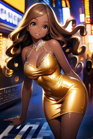 1black american girl, brown skin, tall, busty, wearing a golden bodycon dress with sequins, slim dress, golden effect, golden theme, curly light brown hair, long hair, NY, night, Times Square Gurden, 