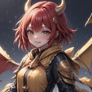 a cute dragon girl soctume, cute dragon girl, 18yo, red hair, shiny crimson red hair, short hair, bangs, dragon horns, upper body, weaing a yellow raincoat, dragon mediebal armor, bright smile, fang, ,,1dragon girl,,,anya forger,2b-Eimi,Flat vector art,<lora:659095807385103906:1.0>