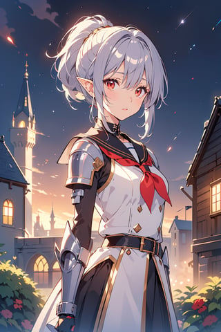 (emo art:1.6), 1woman, elf, mecha girl, wizard, ponytail, silver hair, red eyes, purple hair, school uniform, sailor school uniform, armor, starry sky, night view, 1woman, mecha girl, robot, knight, ponytail, short hair, silver hair, red eyes, armor, castle, night view, garden, starry sky