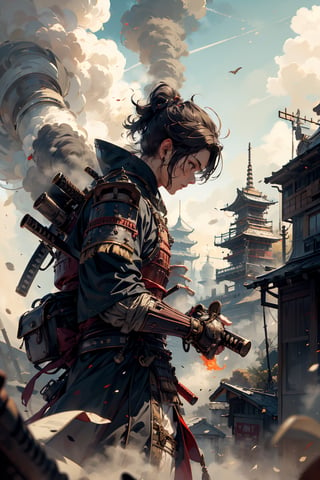 Imagine a world where the honor of ancient samurai converges with the technological wonders of steampunk brilliance. In this evocative realm, amidst towering pagodas adorned with brass fittings and bustling marketplaces filled with the hiss of steam, emerges a formidable figure: a samurai. Envision him clad in a blend of traditional armor and steampunk accouterments, with ornate kabuto helmets featuring intricate gears and steam vents. His katana, sheathed in a holster adorned with mechanical embellishments, gleams with the promise of swift justice. With a stoic expression etched upon his face, he embodies the code of bushido, his every movement a testament to discipline and mastery. Behind him, the cityscape sprawls with towering factories belching steam into the sky, symbolizing the harmonious coexistence of tradition and progress in this captivating world.,STEAM PUNK