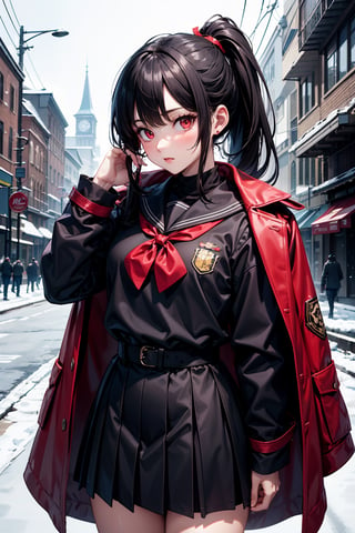 1woman,army woman, ponytail, black hair, cute face, red eyes, army long coat, sailor school uniform, bkacj theme, stylish pose, standing, urban, harbar, fantasy, ultra detailed, ultra highres, masterpiece, 