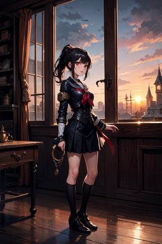 1woman, knight, ponytail, black hair, red eyes, armor, sailor school uniform, sea, sunset, steampunk style, 1girl, steampunk atmosphere, antique, mechanical, brass and copper tones, gears, 1 girl, dark fantasy, dark night, castle, tombstone