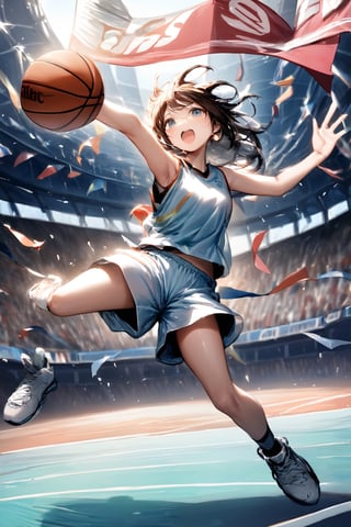 A captivating photo of a female basketball player at the peak of her jump, her arm extended toward the hoop with a focused expression. Her teammates cheer her on from the sidelines, while opponents watch with bated breath. The stadium is filled with a sea of cheering fans, waving banners and flags, creating an electrifying and energetic atmosphere.
