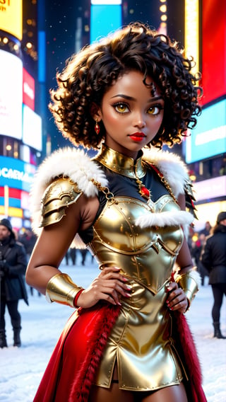 anitoon style, solo, dark skin, 1girl, yellow eyes, jewelry, black hair, short hair, dark-skinned female, makeup, lipstick, looking at viewer, curly hair, Fusion of medieval armor and santa costume, fur clork, ring earing, gold neckless, gold buncles, fluffy fur dress, red dress, sleeveless, highneck, Times Square Garden, Night, Christmas, ,ral-chrcrts,christmas