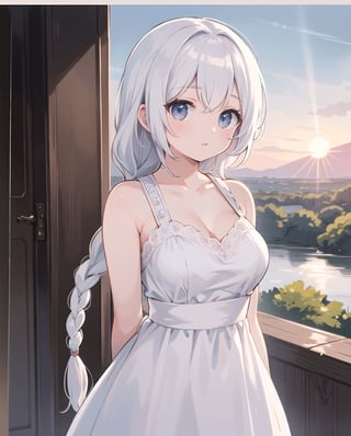 masterpiece,ultra high res,realistic,finely detail,extremely detailed,1girl,single braid,white hair,looking at viewer,pure color background,breasts,film grain,film overlay,morning glow,pastel sky,cool tones,sun rays,soft light,dress,best quality