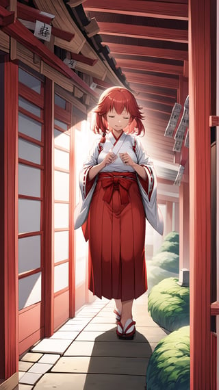 Miko, omikuji, jinjya, japanese temple, niko outfit, red hakama, closed eyes, goddess, 