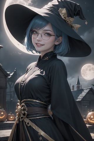 anime style portrait of a beautiful halloween glasses elder witch wearing (black magic robe), (fusion of black magic robe: and aodai:1.3), (black witch hat:1.2), futuristic_aodai, wearing a glasses:1.3, ((;D:1.3)), perfect face,perfect eyes,HD details,high details,sharp focus,studio photo,HD makeup,shimmery makeup,celebrity makeup,(( centered image)) (HD render)Studio portrait,magic, magical, fantasy, halloween, moon, jack-o' challenge, light-blue hair, short bob hair, bangs, arms behid back, Mechanical part, hallowenn town, trick or treet,  magic aura background, evil grin smile, cute, ,Witchblade,teengirlmix,Moon Witch