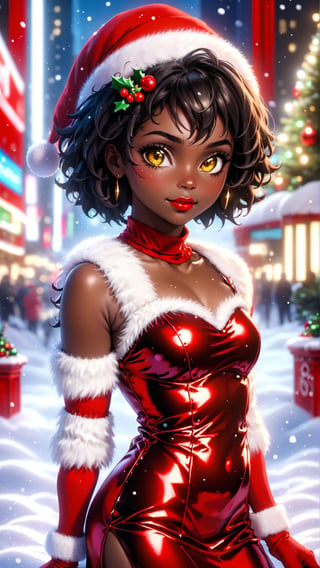 anitoon style, solo, dark skin, 1girl, yellow eyes, jewelry, black hair, short hair, dark-skinned female, makeup, lipstick, looking at viewer, curly hair, bare_top_velvet dress, santa costume, fluffy fur dress, red dress, sleeveless, highneck, Times Square Garden, Night, Christmas, ,ral-chrcrts,christmas