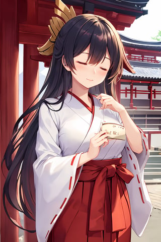 Miko, omikuji, jinjya, japanese temple, niko outfit, red hakama, closed eyes, goddess, ,masterpiece