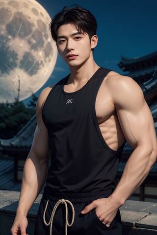 (masterpiece, top quality, best quality, official art, hdr, high contrast, ultra high res), light brown hair, whort pulled back hair, looking at viewer, 1man, solo, a muscular Korean boy, 20yo, tall, great muscular , broad shoulders, biceps,ninja costume:1.3,dogi:1.3, full moon, moon light, Japanese castle, rooftop,, thin lips, squinted eyes, sharp cheeks, sharp jawline, flared nose, black_eyes, dark olive skintone, 