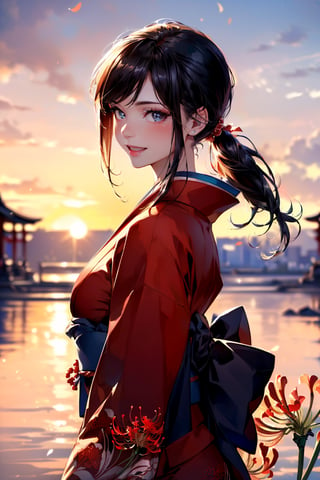 (1red kimono girl:1.3, solo), (kimono model), (cowboy shot:1.3), (She walks along the dimly lit path of the riverbank.:1.2), (random posing:1.3), (Against a backdrop filled with a vast expanse of pale red spider lilies, girl stands wearing a kimono patterned with the same flowers:1.5), 
BREAK, 
1girl, solo, milf, hot model, (attractive model:1.37), (promotional model:1.2), highly detailed eyes and pupils, realistic skin, ((attractive body, medium breast:1.38, thin waist:1.15)), medium-length thin hair, ((bobbule pony tail hair:1.3), (shiny-black hair:1.3), extremely detailed hair, delicate sexy face, sensual gaze, shiny lips, 
BREAK, 
(red kimono:1.3), (japanese clothes:1.3), detailed clothes, 
BREAK, 
(outdoor:1.2), (Red spider lily:1.4), (blurry background:1.25, simple background, no-human background, detailed background), (under sunset:1.37), 
BREAK, 
((realistic, super realistic, realism, realistic detail)), perfect anatomy, perfect proportion, hyper sharp image, (attractive emotion, seductive smile:1.2, happy:1.2, blush:1.2, :d:1.2, :p:1.2), ((4fingers and thumb:1.2)), perfect human hands, wind, 
BREAK,
 (Masterpiece, best quality, photorealistic, highres, photography, :1.3), ultra-detailed, sharp focus, professional photo, commercial photo,