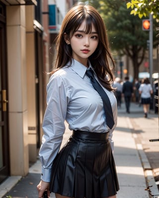 1girl, solo, medium hair, looking at viewer, bangs, large breasts, black hair, straight hair, brown eyes, standing with arms behind back, light blue collared shirt, long sleeve, cowboy shot, black formal tie, blue shirt, lips, black pleated skirt, makeup, girly style, school girl look, arms behind back, realistic, black skirt, in city, stanidng with arms behind back, busty, skinny, 