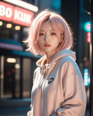 (film noir:1.3), 1girl, solo, a stunning beautiful Asian girl with angry, light pink hair, short hair, ruind, wearing a black punk hoodie, looking at camera, 8k, high res, middle quality, ,dreamgirl, film grain:0.6,Realism