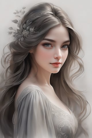 A beautifully rendered pencil art portrait of a woman with a captivating gaze. The illustration showcases her delicate facial features, with soft shading and detailing that brings the image to life. The background is a subtle blend of gray tones, drawing focus to the woman's captivating expression and the intricate strands of her hair. The overall effect is a timeless, elegant piece that captures the essence of the subject's soul.