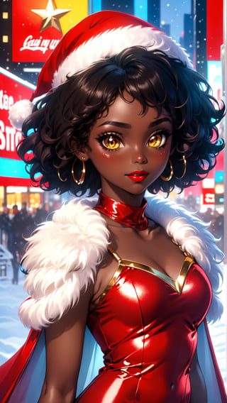 anitoon style, solo, dark skin, 1girl, yellow eyes, jewelry, black hair, short hair, dark-skinned female, makeup, lipstick, looking at viewer, curly hair, bare_top_velvet dress, santa costume, ring earing, gold neckless, gold buncles, fluffy fur dress, red dress, sleeveless, highneck, Times Square Garden, Night, Christmas, ,ral-chrcrts,christmas