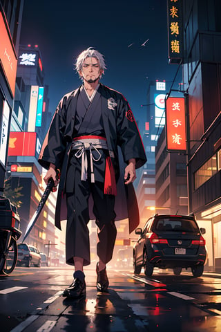 Create an illustration prompt for generating an image of a Japanese samurai reincarnated into the world of Grand Theft Auto, modeled after Toshiro Mifune, the legendary actor. Imagine a sprawling urban landscape, blending futuristic neon-lit skyscrapers with traditional Japanese architecture. The samurai, clad in modernized armor adorned with kanji symbols, stands amidst the chaos, wielding a katana infused with cybernetic enhancements. His expression exudes a stoic determination, reflecting the clash of ancient honor and contemporary lawlessness. Behind him, futuristic vehicles speed through the streets, while looming shadows hint at the presence of rival factions and lurking dangers.