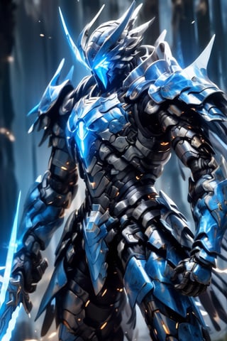 A warrior full of power, wearing armor with a strip of bioluminescence light, in a state of victory, holding a sword (the sword has cracks and crevices filled with bioluminescence light), high resolution, 8k, cool color, muscular body, ( full body), mecha, Origami, black, blue, and white armor with a fusion of colors, blue fire around
