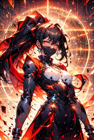 Cyberpunk kamisato ayaka, blunt bangs, hair bow, hair ribbon, black ribbon, light blue hair, grey eyes, mole under eye, ponytail,, long hair, ponytail, large breasts, earrings,  fire-around, rocks, ruins, red-eyes, eyes-glowing, top hat, rain-fire, fire around her, epic anime art, thin waist, beautiful figure, wide hips, sexy, teen, belts, holster, crop top, (best quality, ultra quality), detailed face, detailed eyes, cute eyes, perfect lighting, HD, 8k, glossy skin, masterpiece, digital art, intricate details, highly detailed, volumetric lighting, background detiled, ue5, unreal engine 5, artstation, trending on artstation, post processing, line art, tiny details, colorful detailed illustration, outer_space 1960s, cinematic, multiple light sources, sunset,r1ge,Mecha warrior, mask on mouth, spike_collar, 