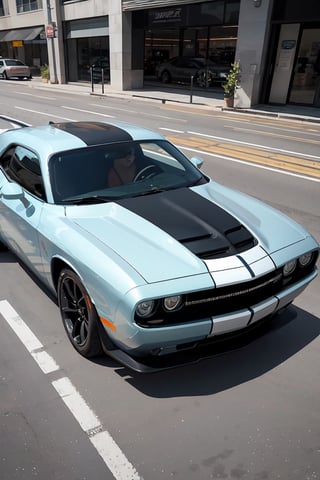 A detailed and realistic illustration of the Dodge Challenger, showing its classic design. The image should present the vehicle from a dynamic angle, highlighting its elegant lines, futuristic front grille and distinctive headlights. The Dodge Challenger should be depicted in an urban environment, emphasizing its role as a sports car. The illustration should capture the essence, with a color scheme that reflects its character.