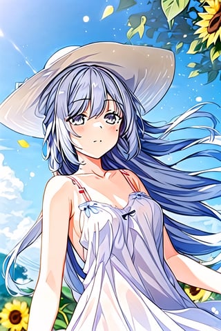 1girl, jingliu \(honkai: star rail\), (white dress, sundress, chemise:1.6), silver hair, floating hair, adjusting hair,  sunflower, outdoor, wind turbine, happy, sun hat, depth of field, miku izayoi