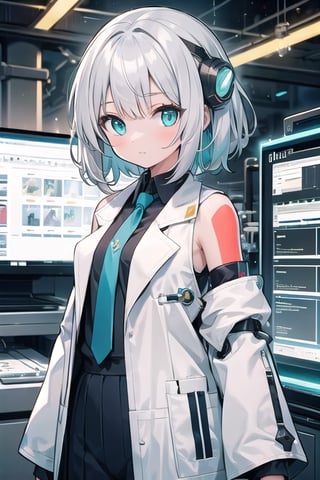 (masterpiece), (science fiction:1.4), 1girl, silver hair, medium hair, aqua eyes, long sleeves, detached sleeves