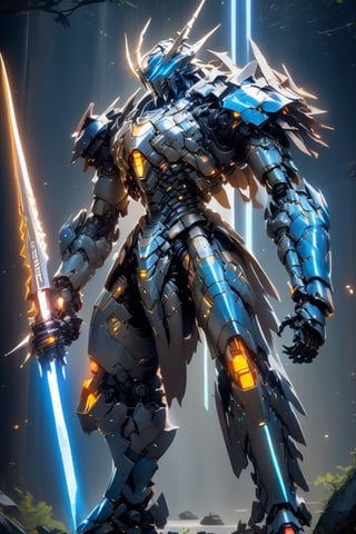 A giant robot, wearing armor with a strip of bioluminescence light, in a state of victory, holding a sword (the sword has cracks and crevices filled with bioluminescence light), high resolution, 8k, cool color, muscular body, (full body ), wick, Origami