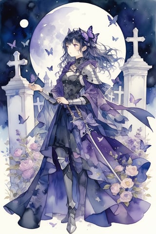 tarot, dark archer, 1 woman in her 20s, standing, black hair with blue streaks, long hair, messy hair, silver armor, a bow in the right hand, purple cloak, purple eyes, night, moon, cemetery, flowers purple_butterflies, aesthetic, watercolor \(medium\), extremely detailed