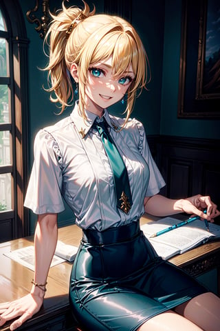 (masterpiece:1.3), best quality, stunning, extremely detailed, upper body, , Mordred pendragon \(fate\), wearing collared shirt with pencil skirt, skinny, tan Skin, blonde hair, Teal Eyes, solo, grin, sitting, vibrant colors, ambient light