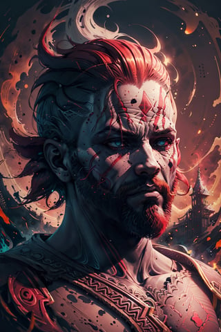 midshot, (cel-shading style:1.3), centered image, ultra detailed illustration of Kratos, God of War, posing, redhead, (tetradic colors), inkpunk, (ink lines:1.1), strong outlines, art by MSchiffer, bold traces, unframed, high contrast, (cel-shaded:1.1), vector, 32k resolution, best quality, flat colors, flat lights,fantasy00d