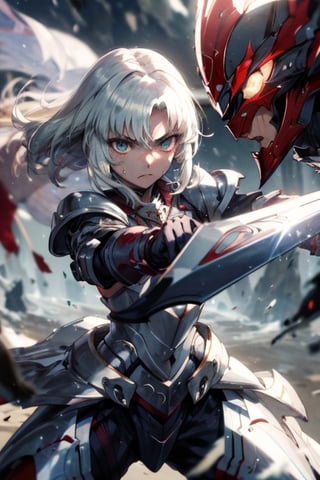 masterpiece, best quality, 1girl, mordred \(fate\), Mordred Armor No Helmet, (holding sword, greatsword, clarent \(fate\)), serious, sweatdrop, fighting stance, MordredPendragon:0.8,