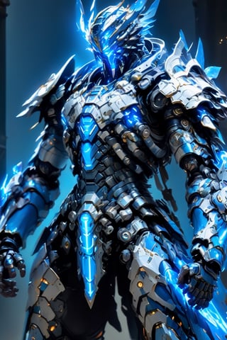 A warrior full of power, wearing armor with a strip of bioluminescence light, in a state of victory, holding a dial (the dial has cracks and crevices filled with bioluminescence light), high resolution, 8k, cool color, muscular body, ( full body), mecha, Origami, black, blue, and white armor with a fusion of colors, blue fire around