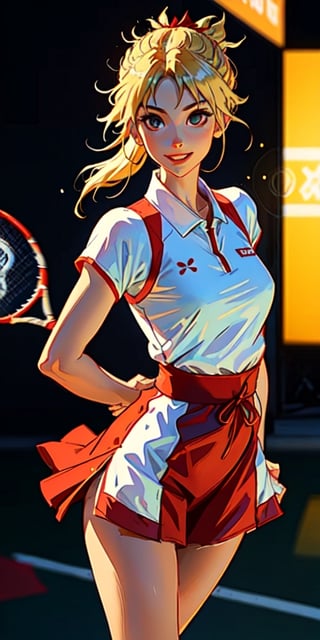 1girl,solo, looking at viewer, badminton background, long blonde hair , parted lips, light smile, dark eyes, badminton clothes, red ribbon on hair, hands behind back, posing, mordred pendragon,SAM YANG