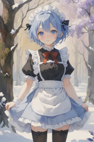 (Best quality, High quality, masterpiece, Watercolor painting, ligne_claire, Anime Illustration), ((stylized art style, painted by Egon Schiele and Rembrandt and Gustave Dorè)), 1girl, apron, bare tree, black ribbon, blue hair, branch, detached collar, detached sleeves, flower, forest, frilled sleeves, frills, hair ornament, hair over one eye, looking at viewer, maid, maid headdress, medium breasts, nature, outdoors, rem \(re:zero\), ribbon, roswaal mansion maid uniform, short hair, snow, snowflakes, solo, standing, thighhighs, tree, waist apron, white apron, white legwear, winter, wisteria, x hair ornament