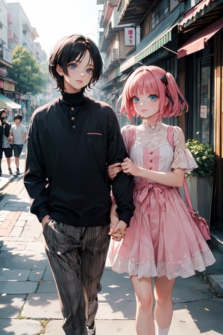 boy(tall, young, muscular, black hair, green eyes) and nino nakano(thin body, cute, small, dress, short pink hair, smile), romance, holding hands walking through the quiet park, looking at each other. (masterpiece, high resolution, high quality: 1.2), ambient occlusion, exceptional colors, low saturation, high detail, detailed face, dreamscape