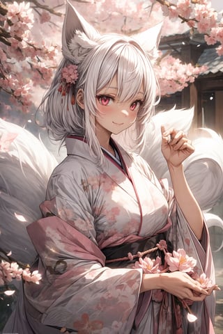 (absurdres, high res, simple illustration, hyper detailed:1.3) BREAK (1 very cute girl:1.1), solo BREAK
kimono, white hair, large white fox ears, glowing pink eyes, smile, sakura, flyig pink petals